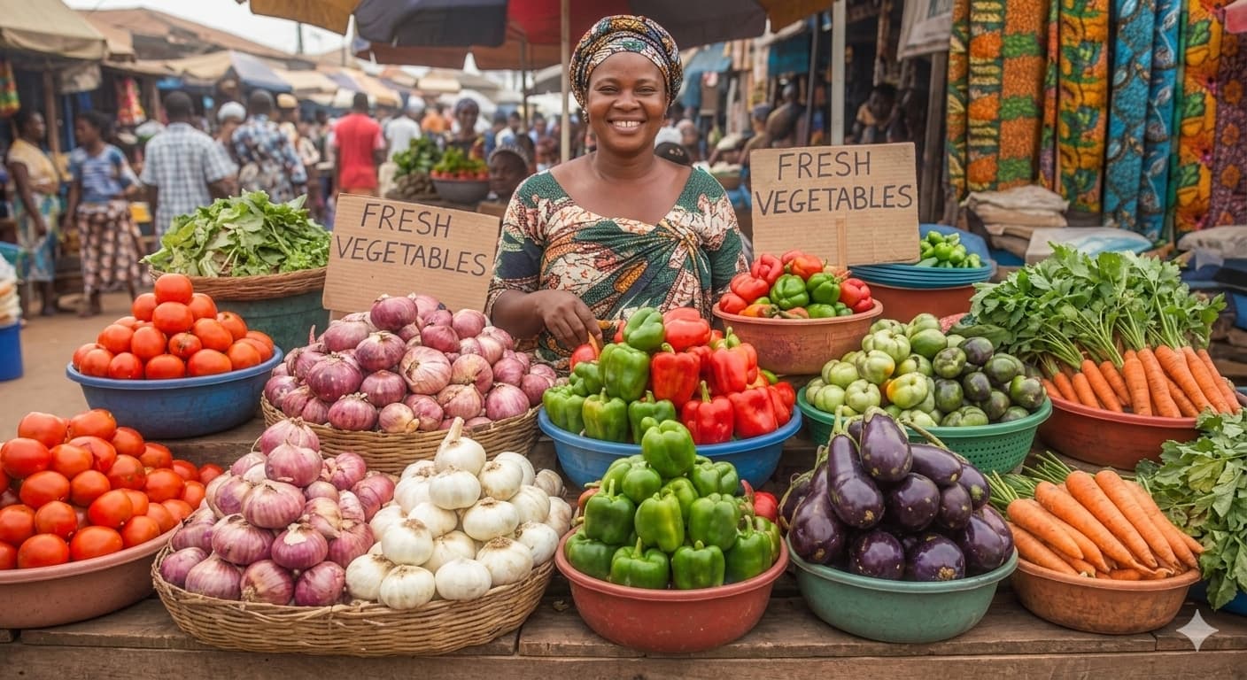 Fresh market vegetables at KFM Nsawam Market